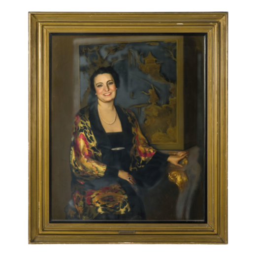 AUGUSTO COLOMBO (Milano, 1902 - 1969)<br>Ritratto di gentildonna con ventaglio <br>Olio su compensat