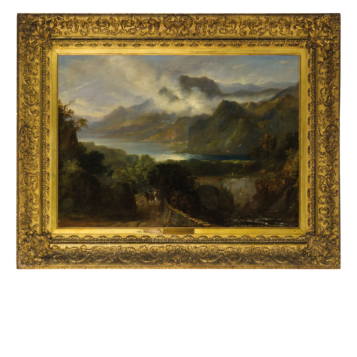 H.R.S.A.JOHN THOMSON Inghilterra, 1778 - Scozia, 1840<br>Paesaggio lacustre, montagne sullo sfondo e