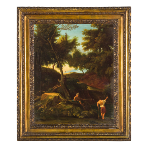 PITTORE DEL XIX SECOLO <br>Paesaggio con figure<br>Olio su tela, cm 50X38
