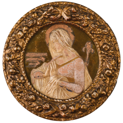 PLACCA IN TERRACOTTA DIPINTA, XIX-XX SECOLO tonda, raffigurante Madonna orante, entro cornice in leg