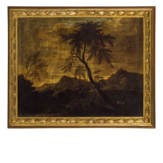 GASPARD DUGHET (MAESTRO DELLA BETULLA) (attr. a) (Roma, 1615 - 1675) <br>Paesaggio con alberi, mont