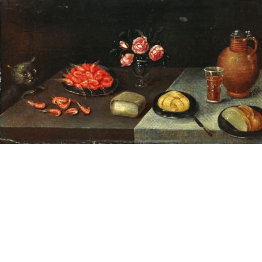 CLARA PIETERS (attr. a) (Anversa, 1594 - 1648)<br>Natura morta con gatto e tavola imbandita<br>Olio 