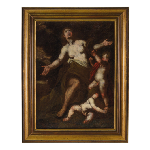 ANTON MARIA VASSALLO (Genova, 1615 - Milano, 1657 circa)<br>Latona con Diana e Apollo infanti<br>Oli