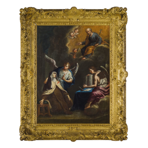 PITTORE DEL XVIII SECOLO Santa Caterina e angeli<br>Olio su tela, cm 63X46