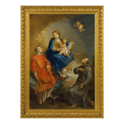 PITTORE EMILIANO DEL XVIII SECOLO Madonna con il Bambino e Santi<br>Olio su tela, cm 105X70
