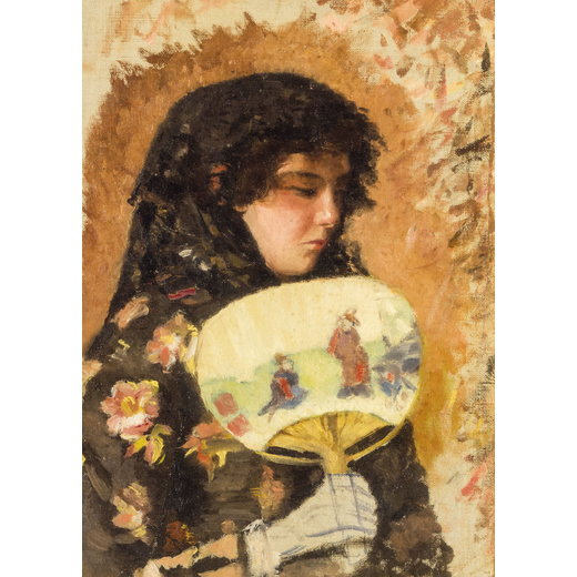 PITTORE DEL XIX SECOLO <br>Fanciulla con ventaglio orientale <br>Olio su tela applicata su tavoletta