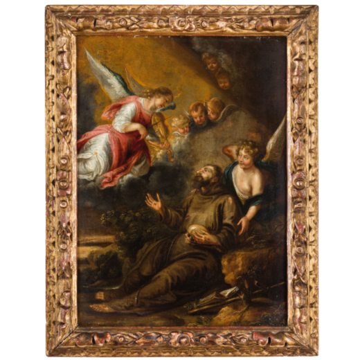 PITTORE FIAMMINGO DEL XVII SECOLO Estasi di San Francesco<br>Olio su rame, cm 35X26