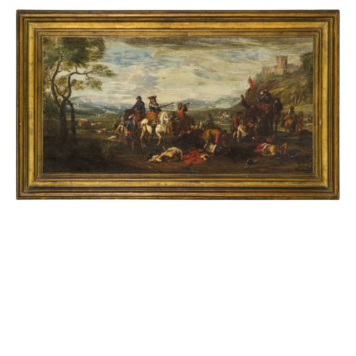 CHRISTIAN REDER detto MONSU LEANDRO (Lipsia, 1656 - Roma, 1729)<br>Paesaggio con scena bellica<br>Ol
