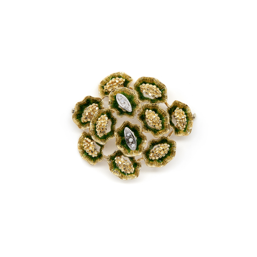 SPILLA IN ORO, SMALTO E DIAMANTI, ANNI 70 modellata come un bouquet fiorito stilizzato con decorazio