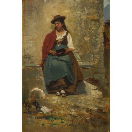 UBERTO DELLORTO Milano, 1848 - 1895<br>Figura di popolana nellaia<br>Olio su tavola, cm 26X19,5