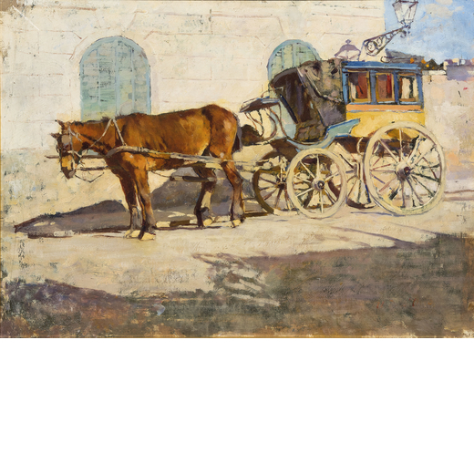 UBERTO DELLORTO Milano, 1848 - 1895<br>Omnibus a Bordighera<br>Olio su tela, cm 50X70