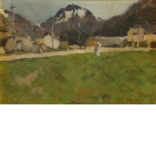 UBERTO DELLORTO Milano, 1848 - 1895<br>Paesaggio con montagne<br>Olio su cartoncino, cm 18X28