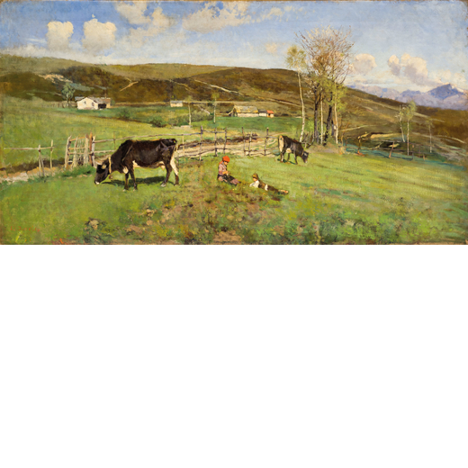 UBERTO DELLORTO Milano, 1848 - 1895<br>Paesaggio alpino con mucche e pastorelli<br>Firmato in basso 
