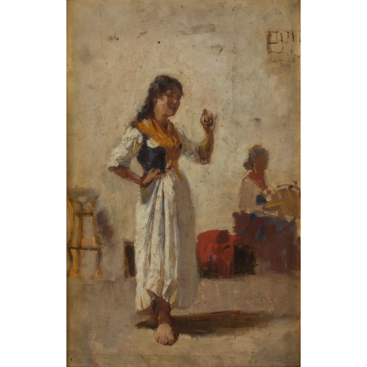 UBERTO DELLORTO Milano, 1848 - 1895<br>Ballando la tarantella<br>Olio su tavola, cm 36X24