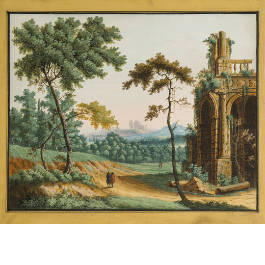 PITTORE DEL XVIII-XIX SECOLO Paesaggio arcadico <br>Acquerello su carta, cm 60X71<br>Bibliografia: 