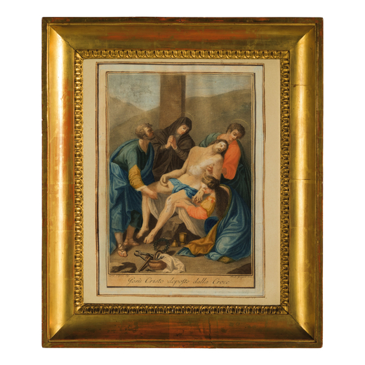 FERDINANDO GREGORI (Firenze, 1743 - ivi, 1804)<br>incisione acquarellata raffigurante Gesù deposto 