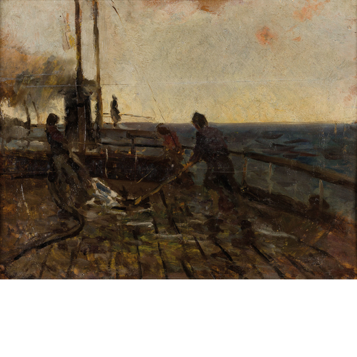 UBERTO DELLORTO Milano, 1848 - 1895<br>Sul ponte della nave <br>Olio su tavola, cm 40X51
