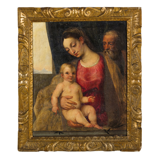 VINCENZO RUSTICI (cerchia di) (Siena, 1556 - 1632,1632)<br>Sacra Famiglia<br>Olio su tela, cm 80X68