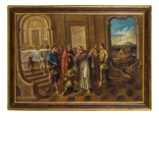 PITTORE VENETO DEL XVIII SECOLO Figliol prodigo<br>Olio su tela, cm 73X104,5