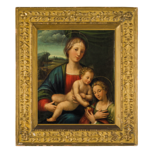 BIAGIO PUPINI  (Bologna, fine XV secolo - 1575 circa) <br>Madonna con Bambino e Santa <br>Olio/tempe