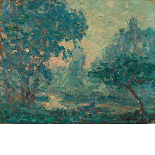 FRANCIS PICABIA (1879-1953)  SUNRISE IN THE MIST, MONTIGUY II, 1906<br>Olio su masonite, cm 32,7X40,