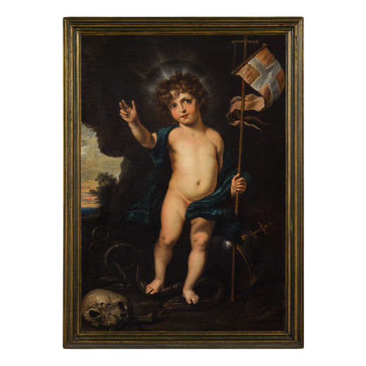 PITTORE DEL XVIII SECOLO Gesù Bambino come Salvator Mundi <br>Olio su tela, cm 90X70