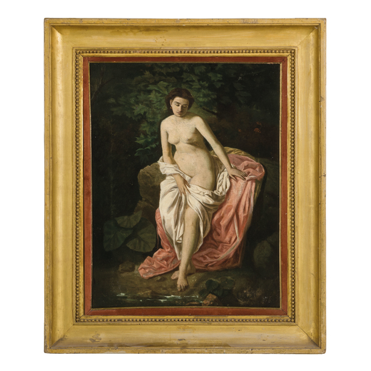 PITTORE DEL XIX SECOLO <br>Paesaggio con nudo di donna <br>Olio su tela, cm 60X46