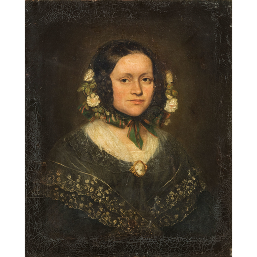 PITTORE DEL XIX SECOLO <br>Ritratto di dama con ghirlanda nei capelli <br>Olio su tela, cm 73X59