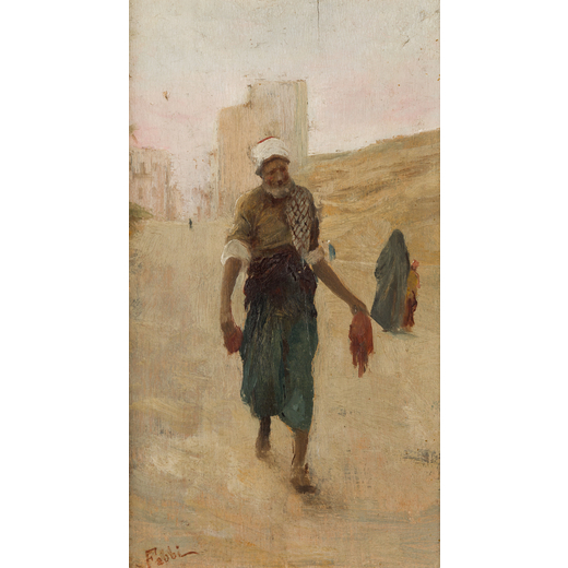 FABIO FABBI Bologna, 1861 - Casalecchio di Reno, 1946<br>Paesaggio arabo con figura<br>Firmato Fabbi