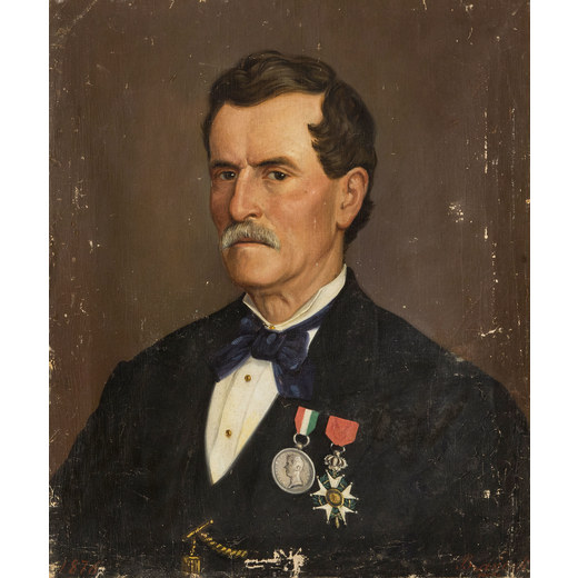 PITTORE DEL XIX SECOLO <br>Ritratto di uomo con medaglie<br>Firmato e datato 1876 a sinistra<br>Olio