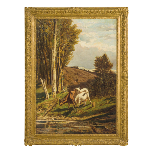 SERAFINO DE TIVOLI Livorno, 1826 - Firenze, 1892<br>(attr. a)<br>Paesaggio campestre con mucche<br>F