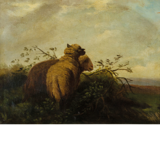 PITTORE DEL XIX SECOLO <br>Paesaggio con pecore<br>Olio su tela, cm 31X40