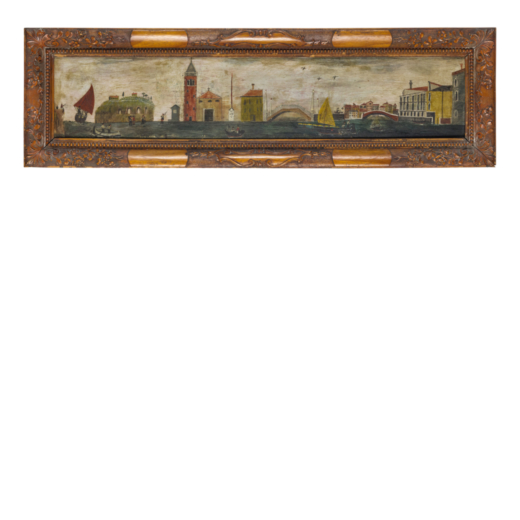 PITTORE DEL XIX - XX SECOLO <br>Paesaggio veneziano <br>Tempera su tavola, cm 18,5X84