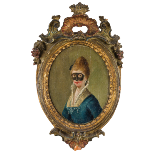 PITTORE NAPOLETANO DEL XVIII SECOLO  Ritratto femminile in abiti e maschera settecentesca<br>Olio su