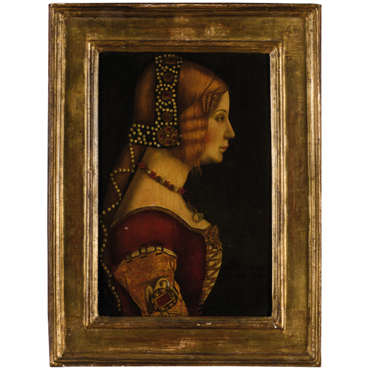 AMBROGIO DE PREDIS (maniera di) (Milano, 1455 circa - 1509) <br>Ritratto di dama <br>Olio su tavola,