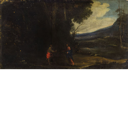 GIAN LORENZO BERTOLOTTO (Genova, 1640 - 1721) <br>Le tentazioni di Gesù nel deserto<br>Olio su tela