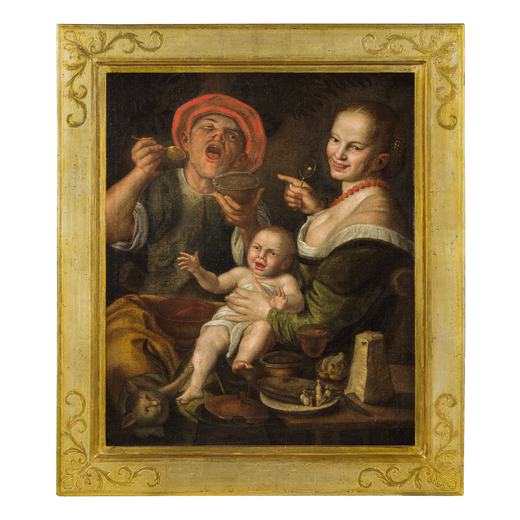 VINCENZO CAMPI (seguace di) (Cremona, 1536 - 1591) <br>Scena ridicola<br>Olio su tela, cm 95X75