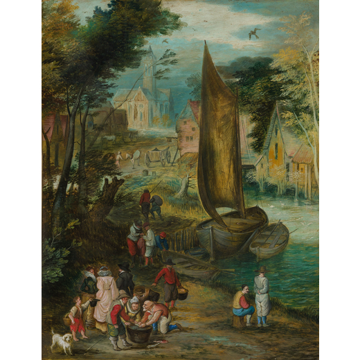 JAN BRUEGHEL IL GIOVANE (maniera di) (Anversa, 1601 - 1678)<br>Paesaggio con figure, fiume e barche<