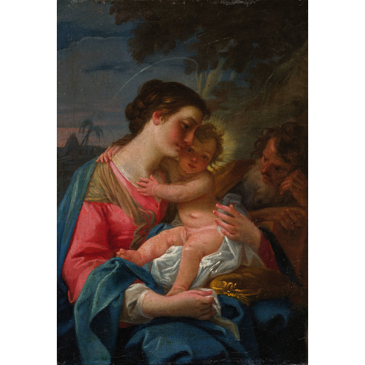 PITTORE DEL XVIII SECOLO Madonna con il Bambino e San Giuseppe<br>Olio su tela, cm 32,5X23,5