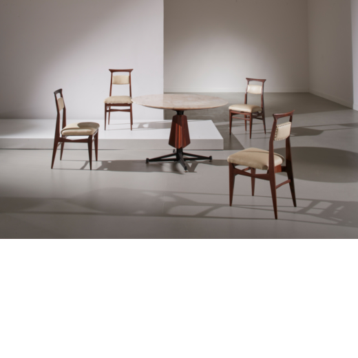 GALLERIA MOBILI CANTU (5) Tavolo con quattro sedie. Legno esotico, alluminio pressofuso smaltato ott