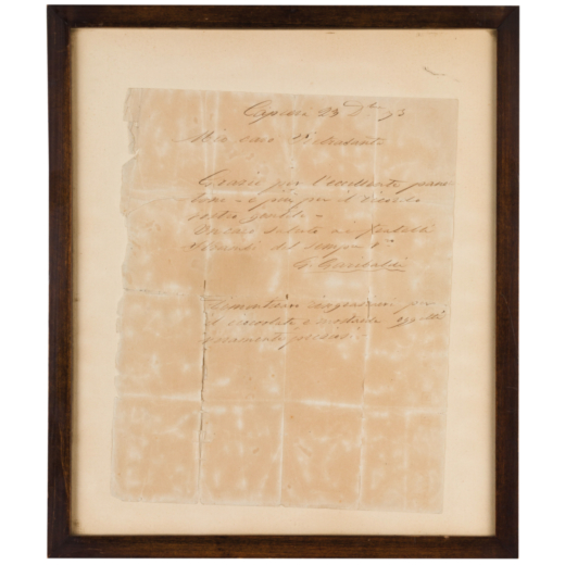 LETTERA AUTOGRAFA DI GIUSEPPE GARIBALDI (Nizza, 1807 - Caprera, 1882)<br>con dedica, inchiostro su c