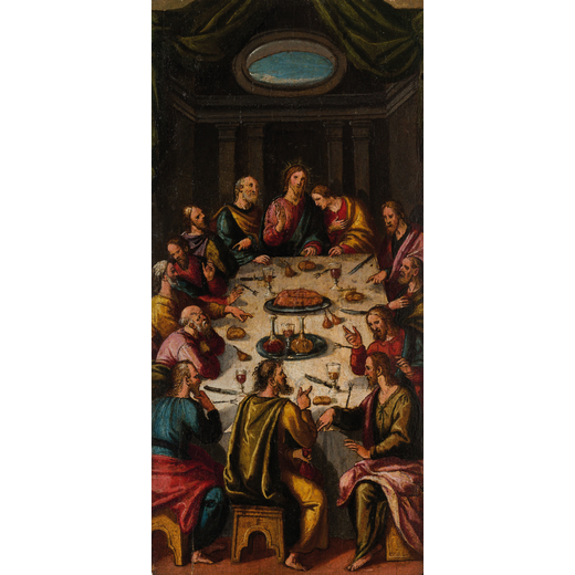 PITTORE VENETO DEL XVI-XVII SECOLO Ultima Cena<br>Olio su tavola, cm 47X22,5