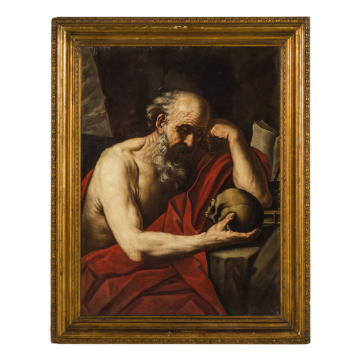 PITTORE EMILIANO DEL XVII SECOLO San Girolamo in meditazione<br>Olio su tela, cm 100X76