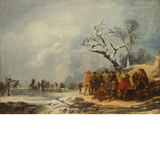 ANDRIES VERMEULEN (seguace) (Dordrecht, 1763 - Amsterdam, 1814)<br>Paesaggio invernale con pattinato