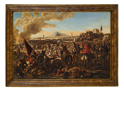 PIER ILARIO SPOLVERINI (Parma, 1657 - 1734)<br>Battaglia con veduta di Parma<br>Olio su tela, cm 81X