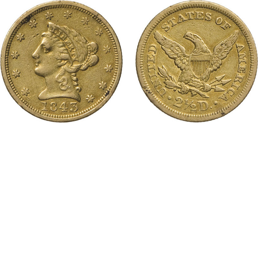 ZECCHE ESTERE. STATI UNITI DAMERICA. 2 ½ DOLLARI 1843 Oro, 4,10 gr, 17 mm, MB+<br>D: Testa di Liber