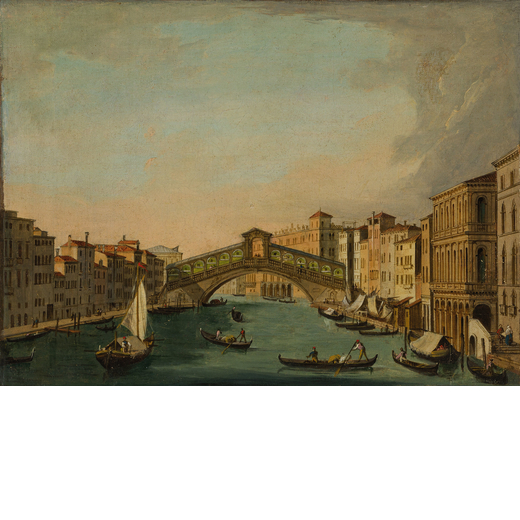 VINCENZO CHILONE (Venezia, 1758 - 1839)<br>Veduta del Canal Grande con il Ponte di Rialto<br>Olio su