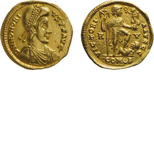 MONETE ROMANE IMPERIALI. RAVENNA. ONORIO (393-423). SOLIDO Oro, 4,43 gr, 20 mm, minime tracce di mon