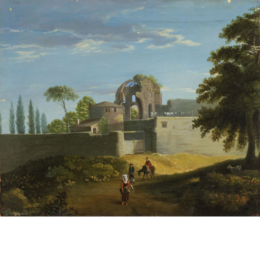 PITTORE ATTIVO A ROMA DEL XVIII-XIX SECOLO Veduta del tempio di Minerva Medica <br>Olio su tela cm 6
