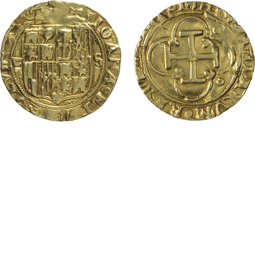 ZECCHE ESTERE. SPAGNA. JUANA E CARLO I (1504-1555). SCUDO Siviglia. Oro, 3,30 gr, 22 mm, MB<br>D: IO